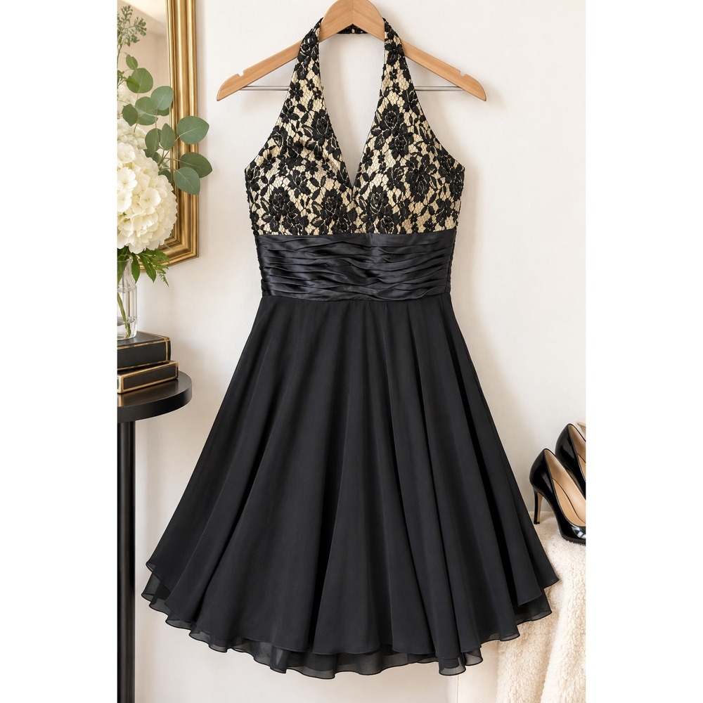 Black Lace Beaded Halter Cocktail Dress Fit & Flare Wedding Guest Formal Size 10